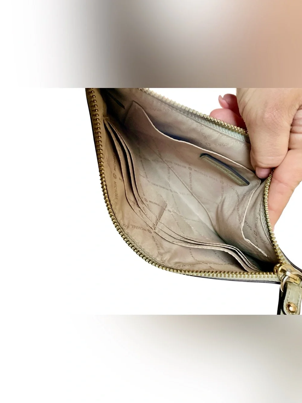 Michael Kors Olive Large Pebbled Leather Wristlet Clutch Gold Tone NWOT